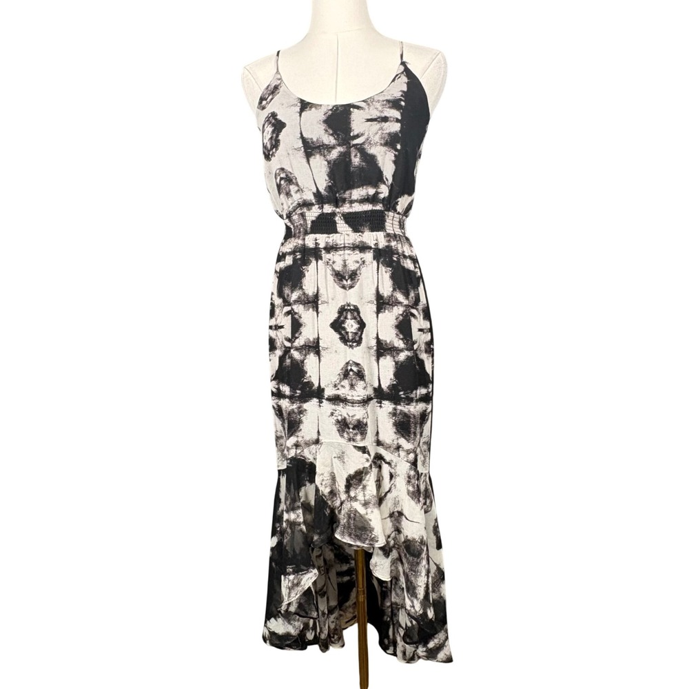 1.STATE Womens Black White Tie Dye High Low Ruffle Midi Dress XS